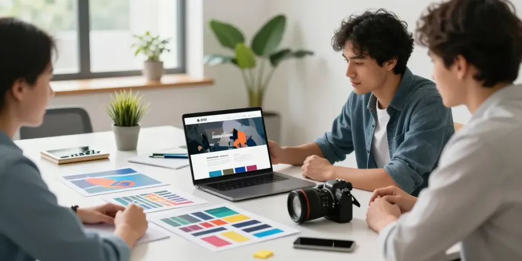 Webdesign Saarland: Ein Designer präsentiert responsive Website-Entwürfe in einem modernen Büro.