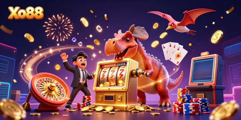 Xo88 slot machine jackpot celebration with cartoon dinosaurs amidst cascading coins and festive decorations.
