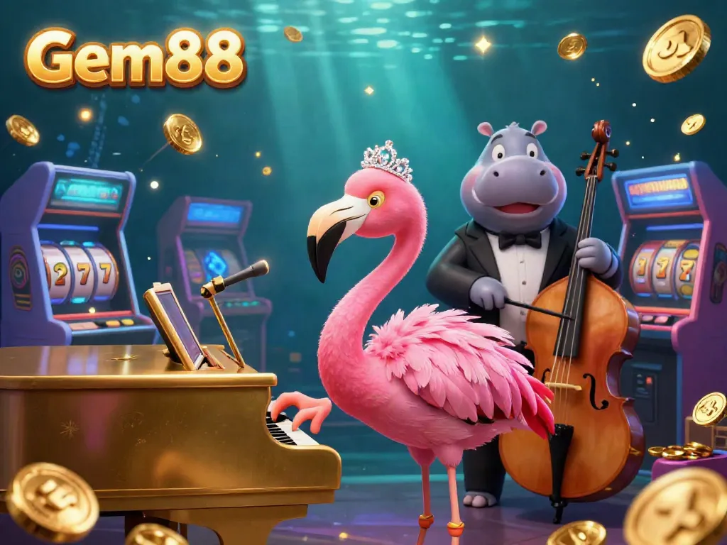 Engage with exciting gaming elements at Gem88, featuring vibrant slot machines and lively characters.