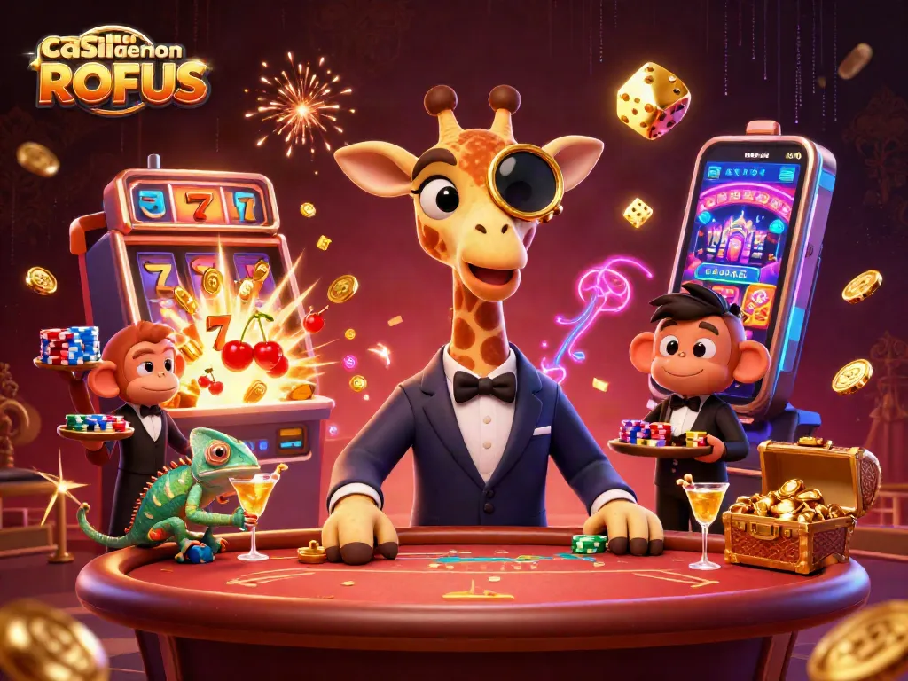 Engage with casino uden om ROFUS featuring high-roller giraffe, monkey valet, and chameleon bartender in action.