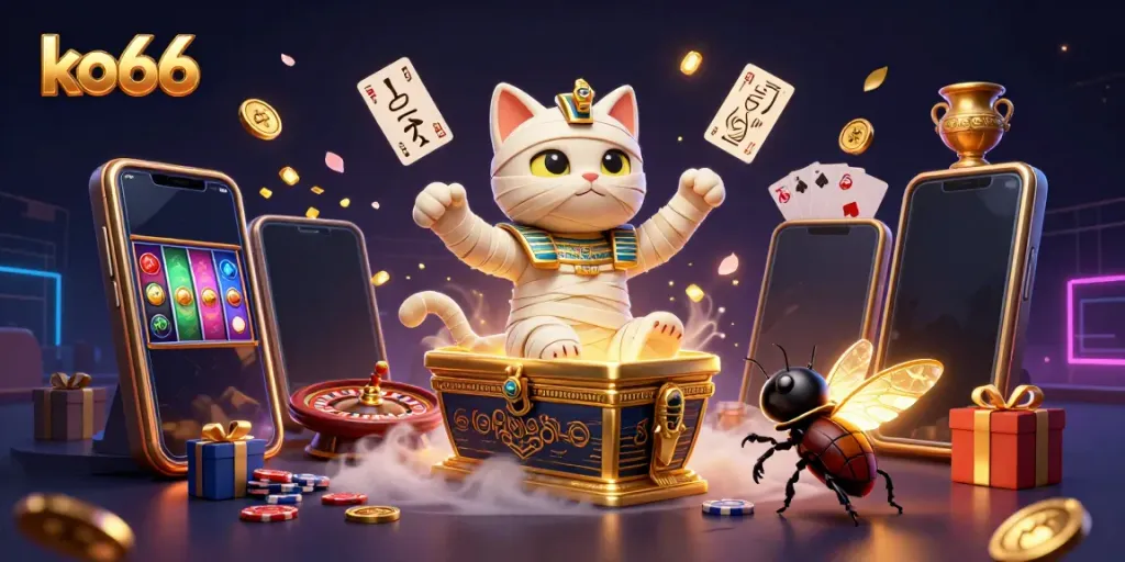 Experience the thrill of ko66 casino: a mummy cat and scarab in a dynamic gaming scene.