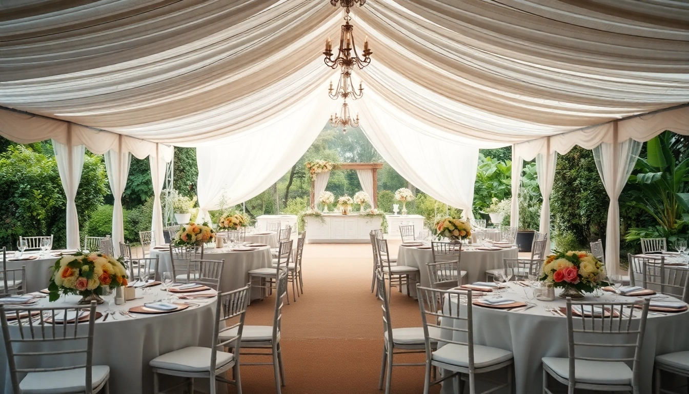 Experience exquisite Wedding Tent Chair & Table Rentals at a stunning outdoor ceremony with elegant decor.