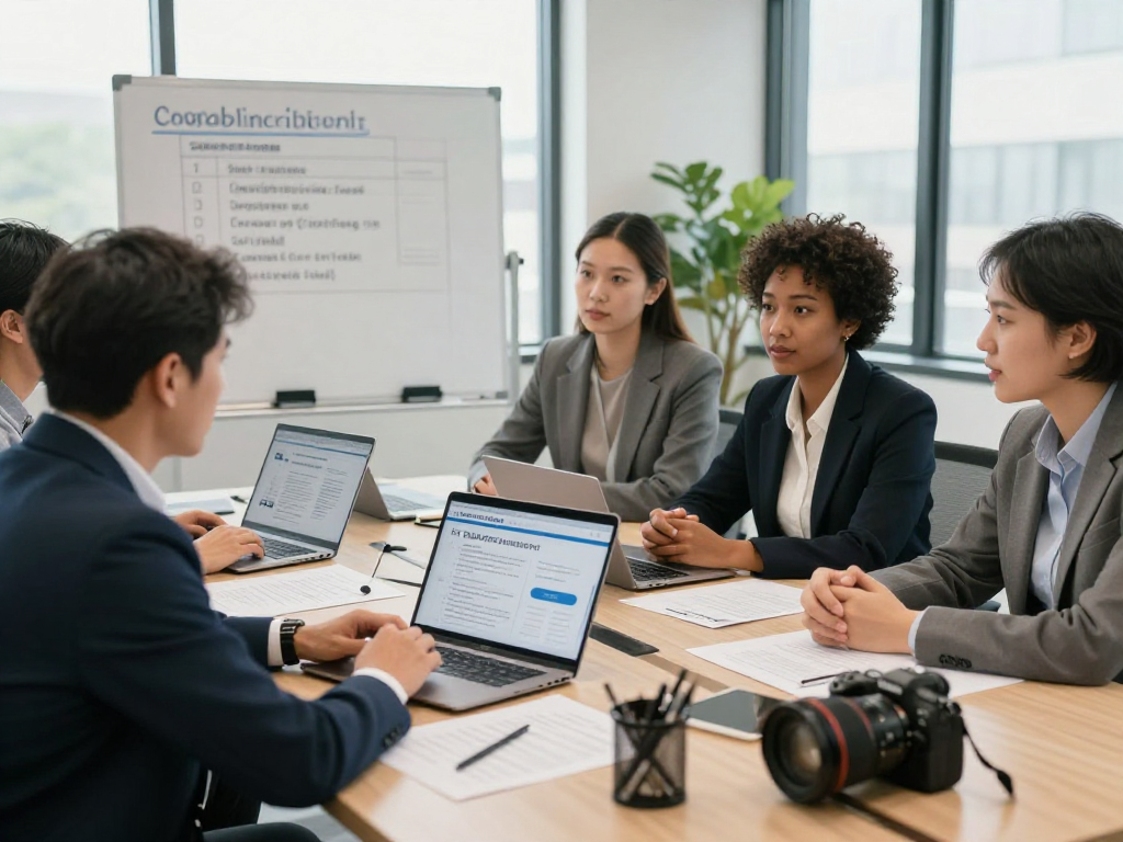 Branchenlösungen – Übersicht: consultants collaborating on data privacy and digital accessibility strategies in a modern office.