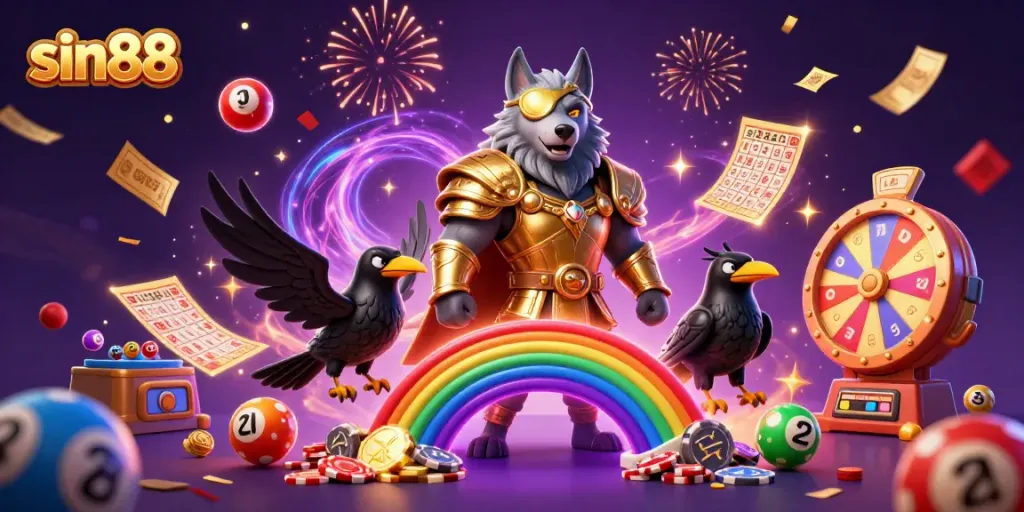 Experience the thrill of sin88 with Odin and ravens amid a vibrant casino scene and dynamic game elements.