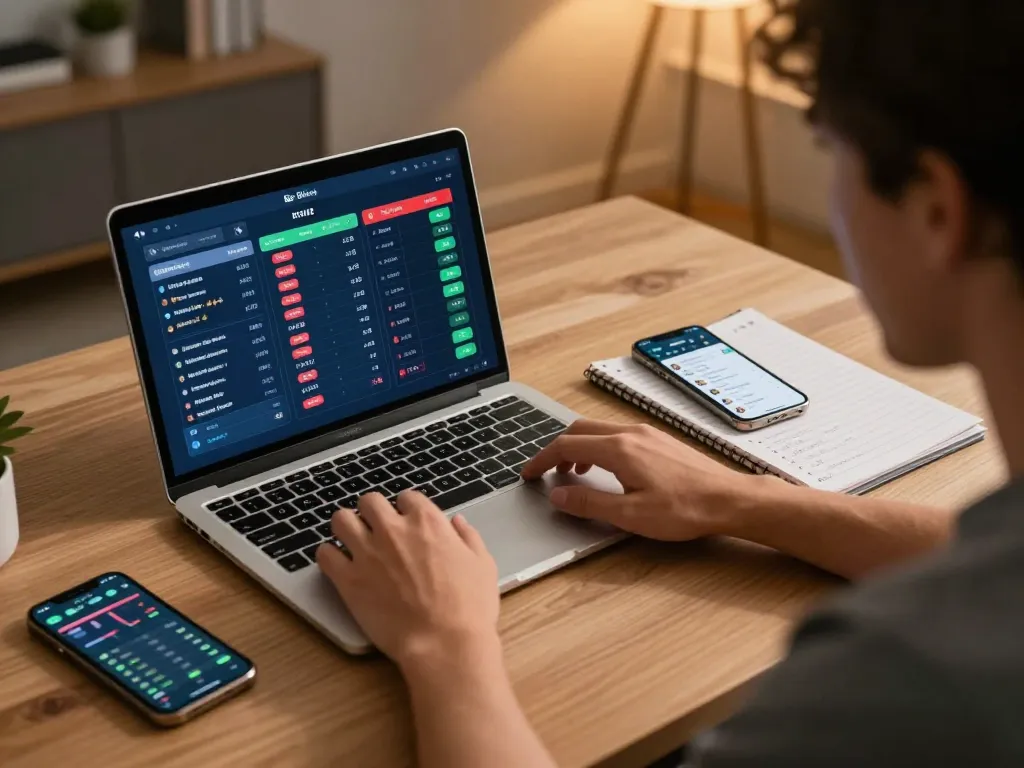 Engaging sports betting experience at 56WIN with a user analyzing odds on a laptop.