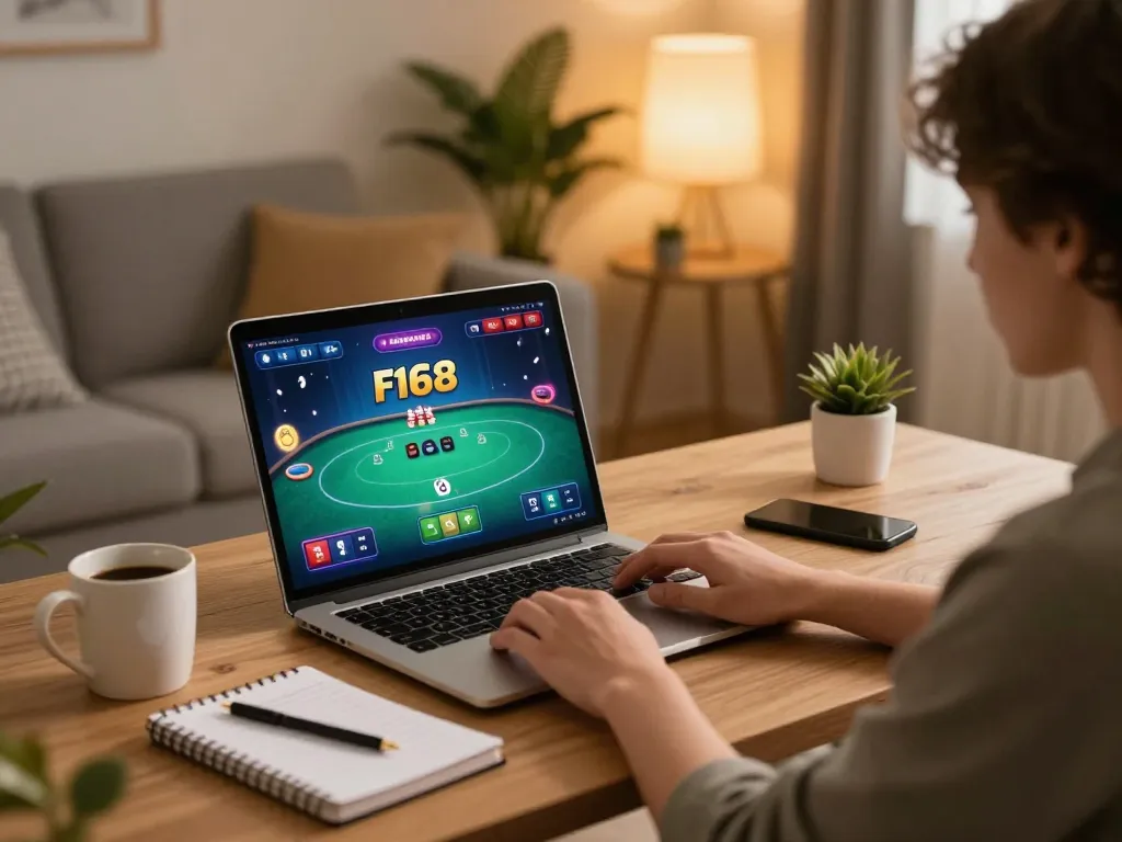 Engaged player using F168 online casino platform for poker at home, showcasing a strategic gaming setup.