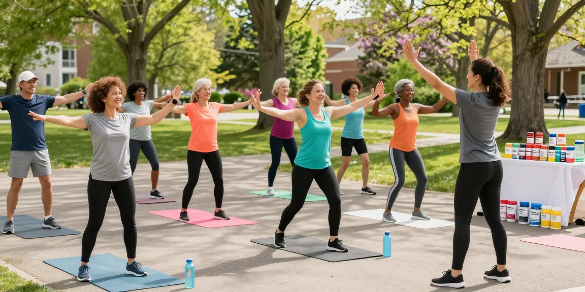Community fitness class with diverse participants using made in Canada supplements during outdoor exercise session.
