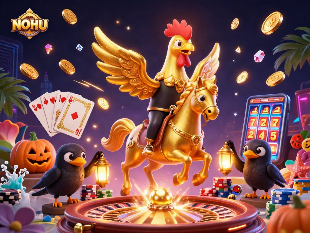 Experience the thrill of NOHU with golden rooster and exciting casino elements!