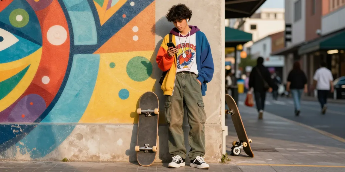 Youth in urban streetwear confidently checks social media; rokok88 lifestyle captured in vibrant city setting.