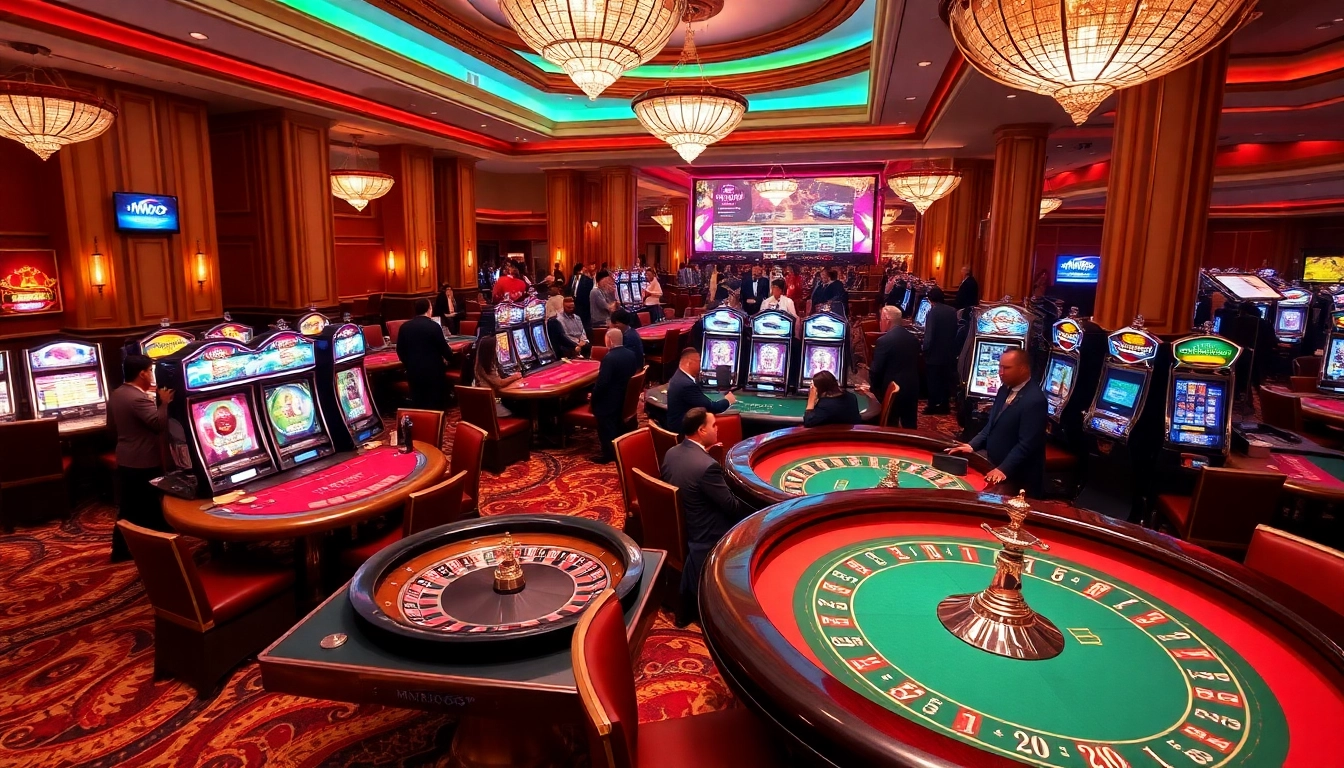 MMOO live casino games featuring vibrant tables, dealers, and slot machines in an exciting atmosphere.