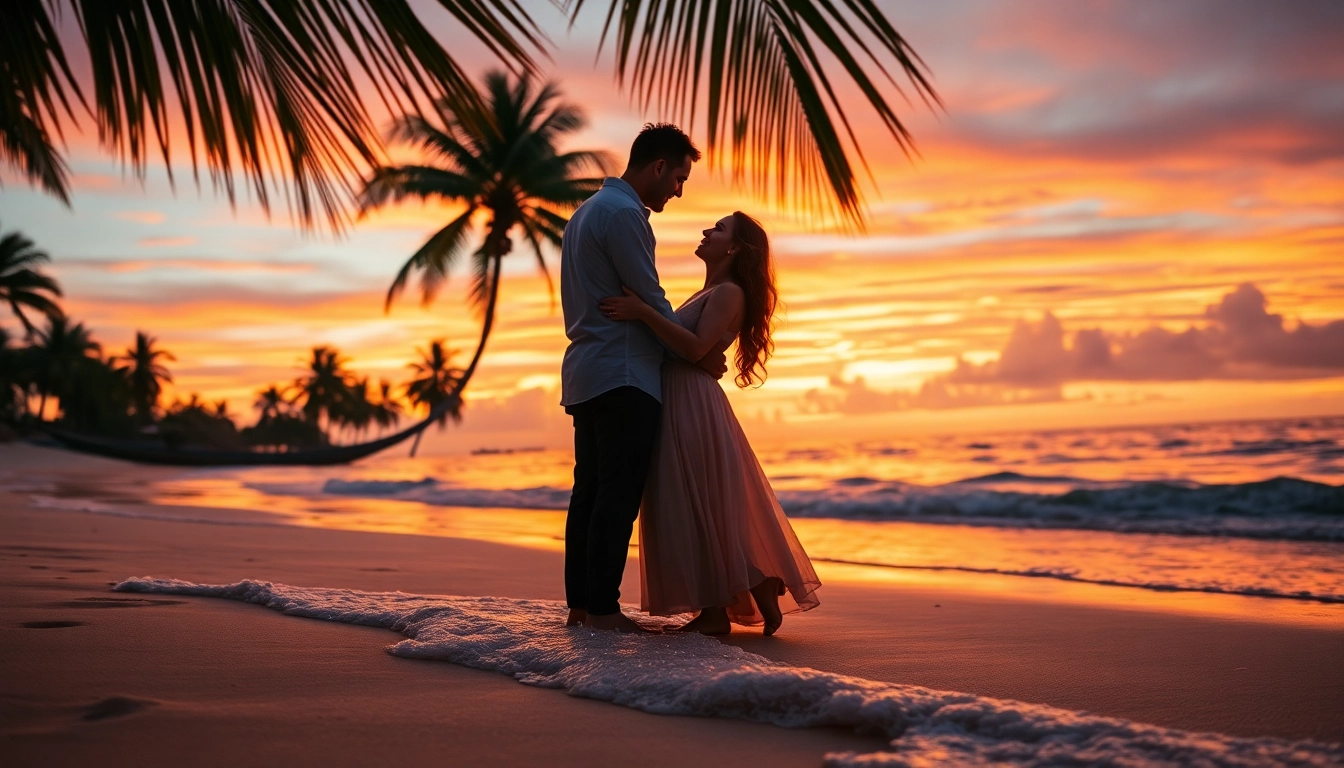 Destination photographer capturing a couple on a serene beach during sunset.