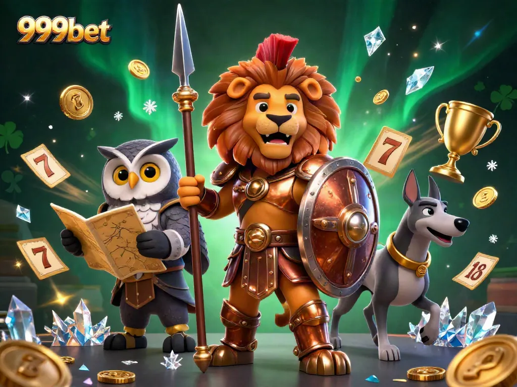 Engage in thrilling slot gameplay at 999bet featuring a Spartan lion hero and dynamic casino elements.