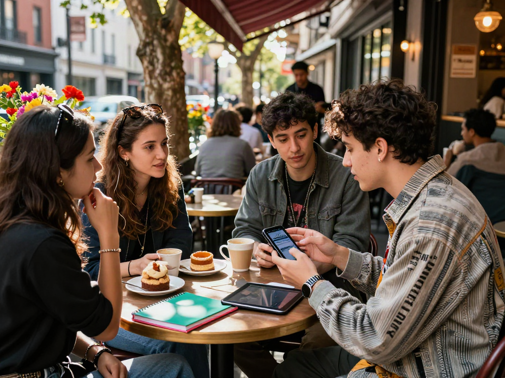 Social scene at a café showcasing the rokok88 app experience with friends enjoying urban life.