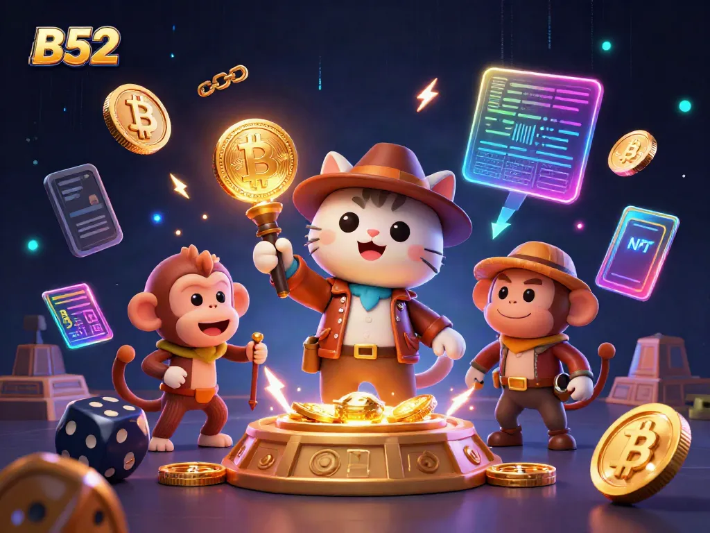 B52 reveals a golden casino artifact amidst a vibrant 3D scene of gambling elements and cat adventurers.