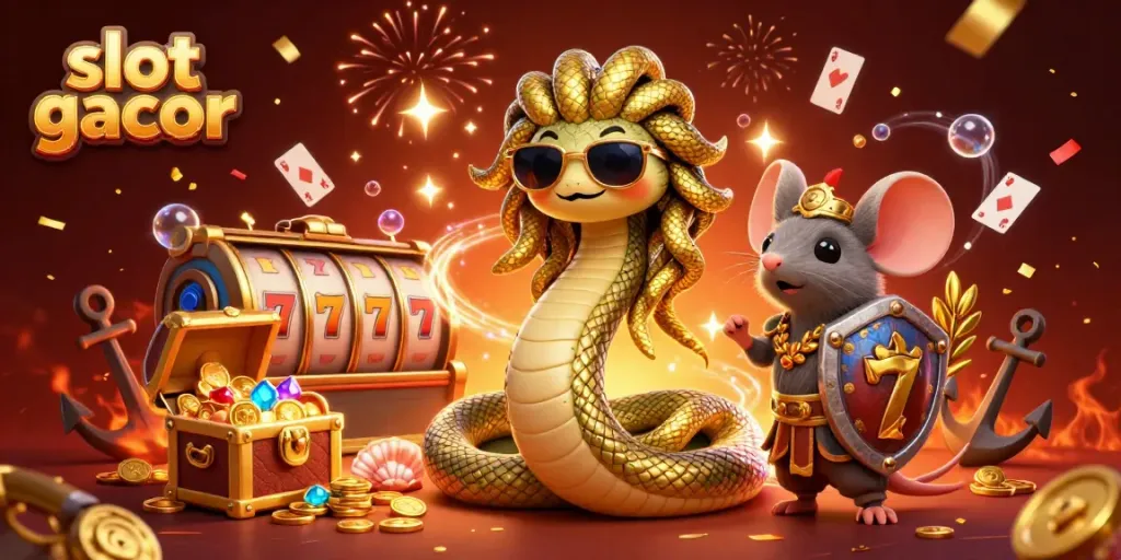 Experience the thrill of slot gacor with Medusa and a warrior mouse in a vibrant 3D casino scene.