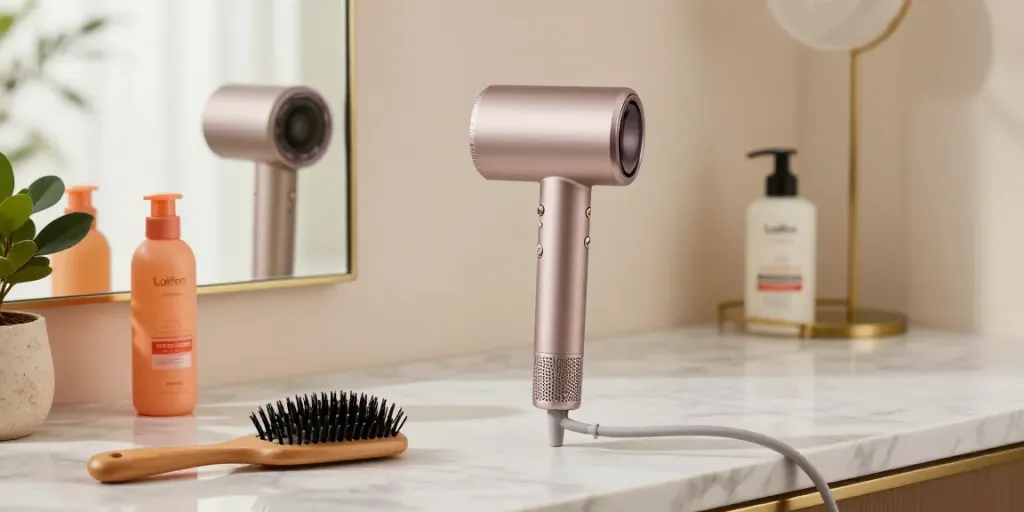 Hochwertiger Haartrockner von Laifen auf einem Marmor-Tresen, umgeben von Beauty-Produkten und elegantem Zubehör.