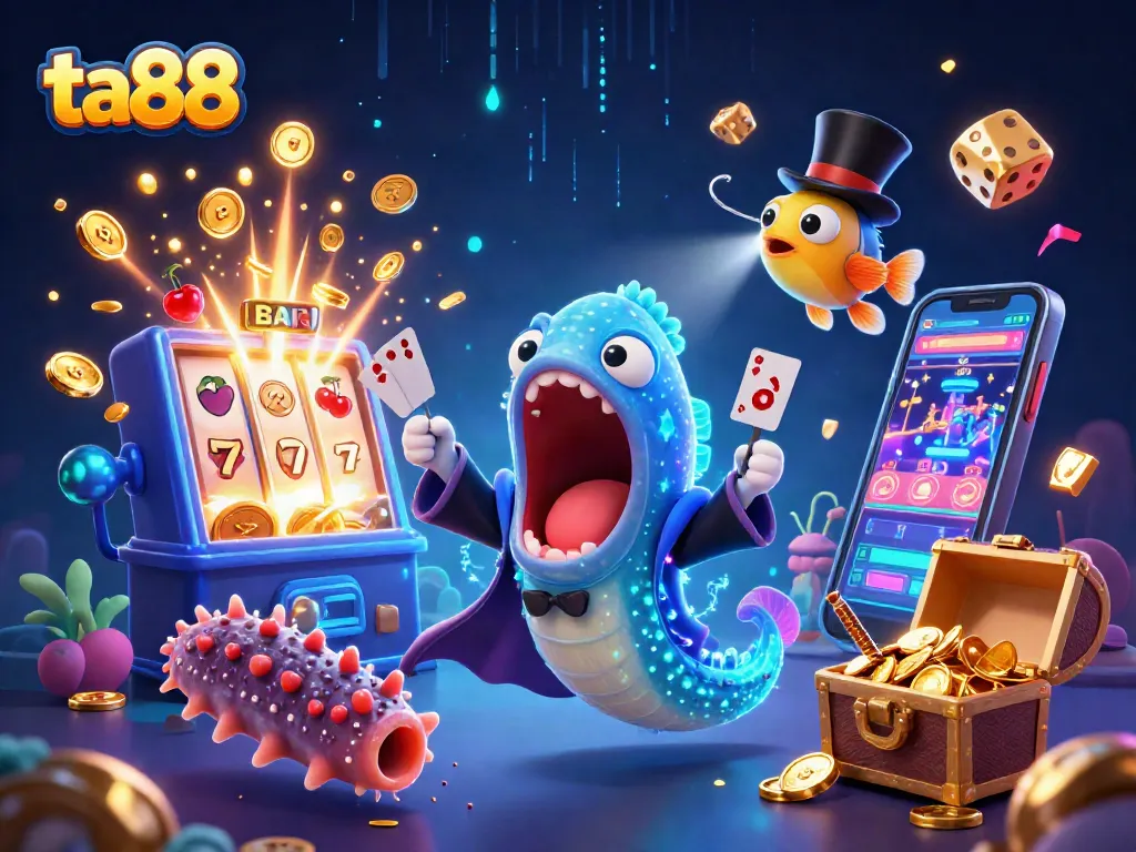 Engage in exciting ta88 casino games with characters performing magic tricks and vibrant casino elements.