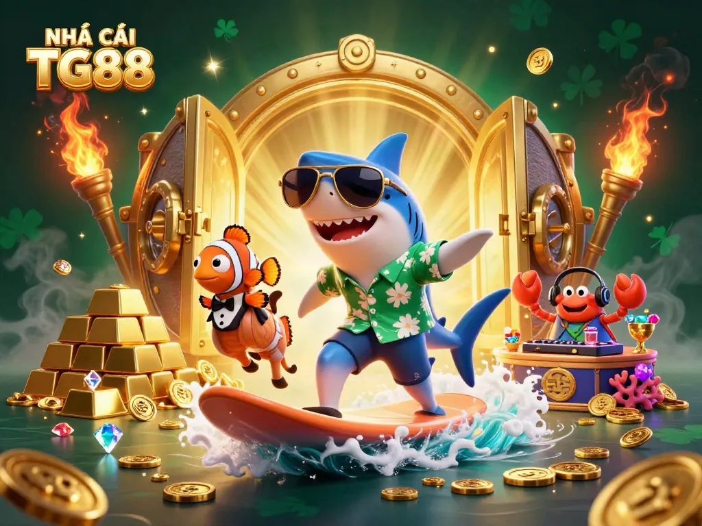 Engage with exciting NHÀ CÁI TG88 gaming action, featuring a shark character among gold coins and jewels.