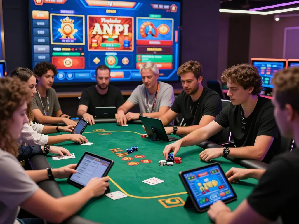 A lively online gaming scene at https://nbet.page/ featuring players at a poker table with high-tech devices and vibrant LED lights.