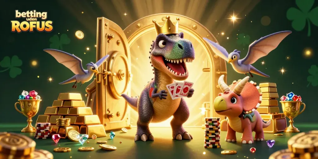 Engage in exciting betting uden ROFUS with a vibrant scene of friendly dinosaurs in a casino.