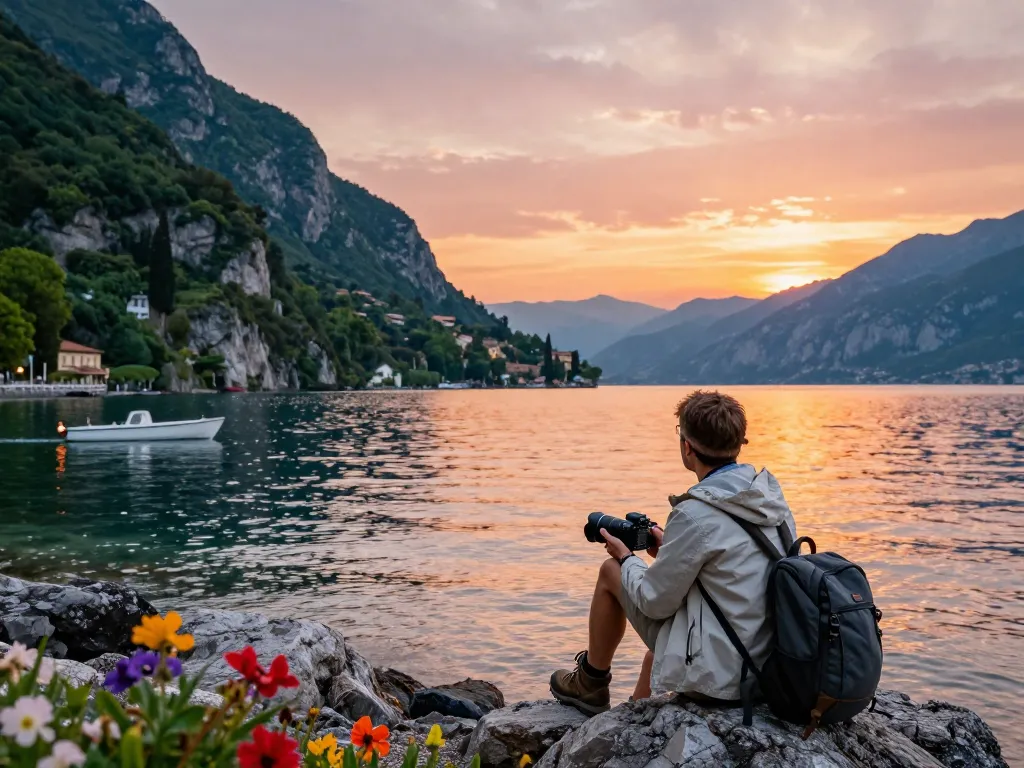 Stunning sunset am Gardasee während eines Urlaubs am Gardasee, mit einem Reisenden, der malerische Ausblicke festhält.