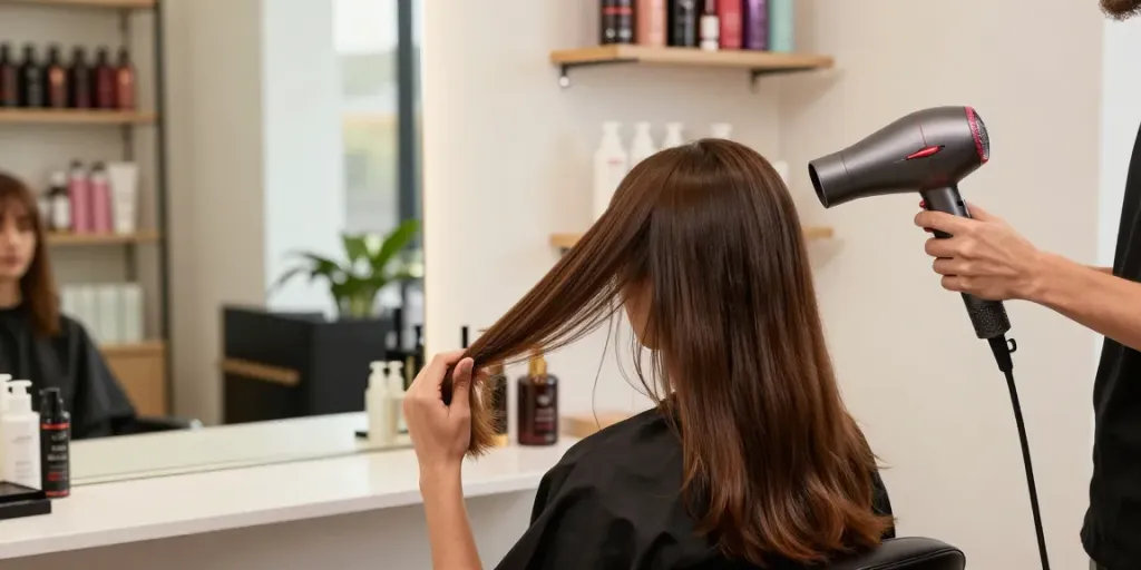 Moderne Haarsalon-Szene mit ionen haartrockner, der glänzendes Haar trocknet.