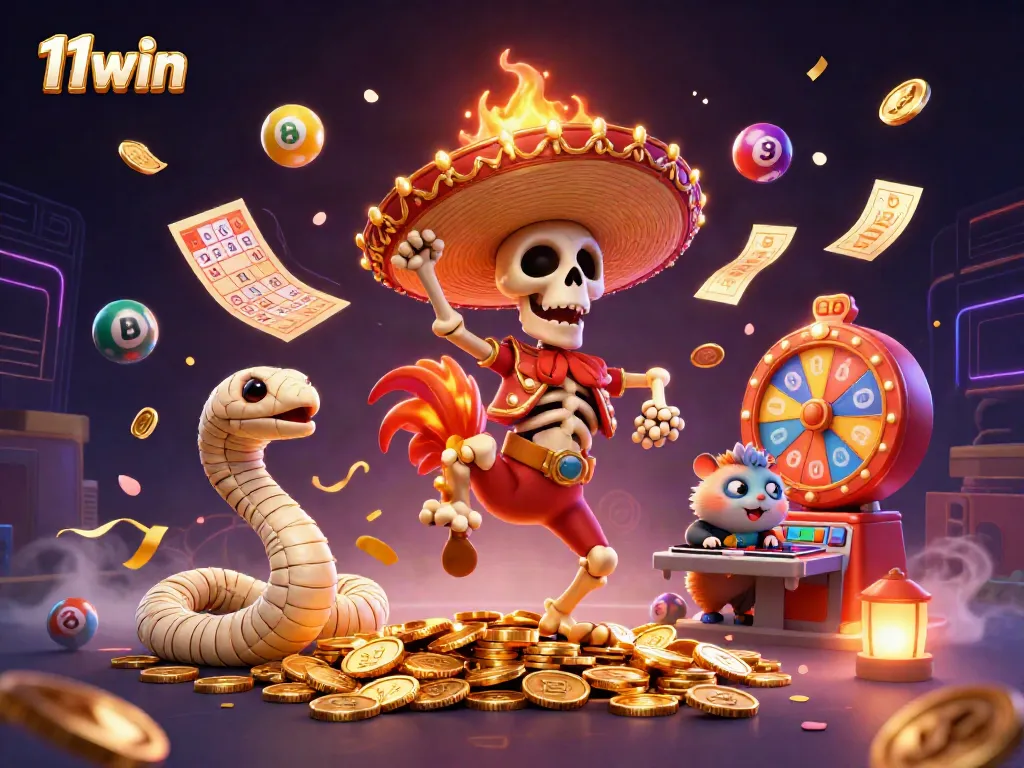 11win engaging 3D illustration showcasing vibrant casino activities with dynamic characters and thrilling elements.