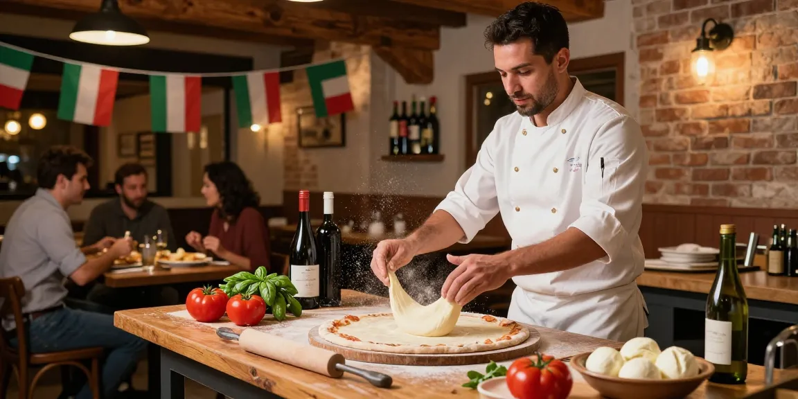 Authentic Italian dining experience showcasing pg soft pizza preparation and warm ambiance.