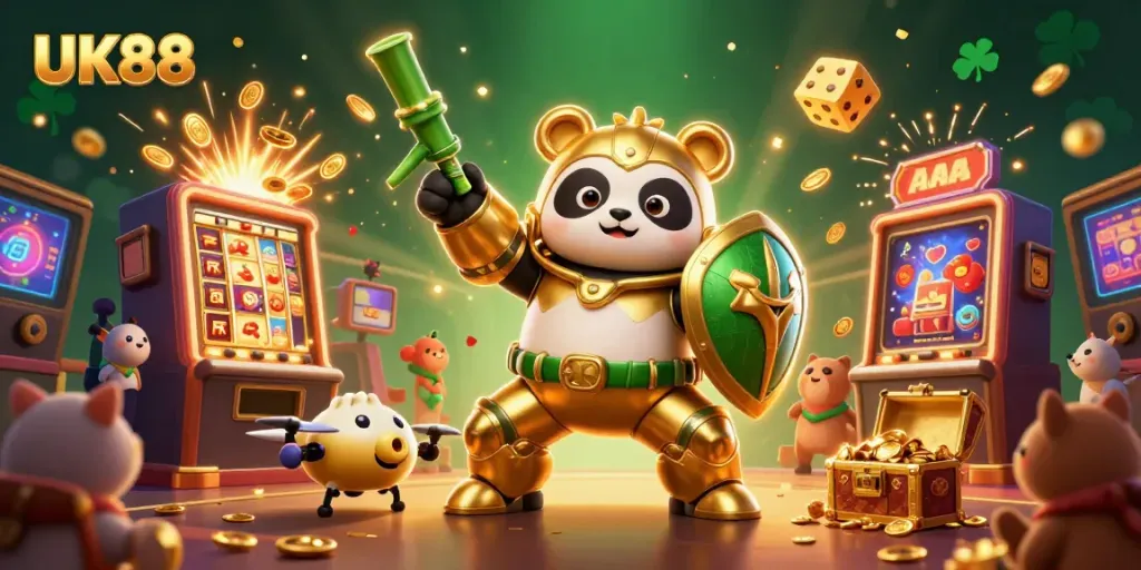 Experience thrilling gameplay with UK88 in this dynamic 3D casino illustration featuring adventurous characters and exciting game elements.