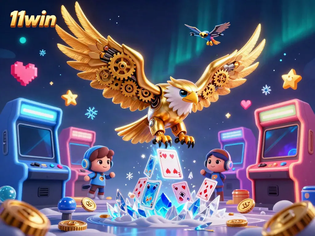 Experience 11win's gaming excitement with a dynamic 3D eagle soaring among holographic cards.