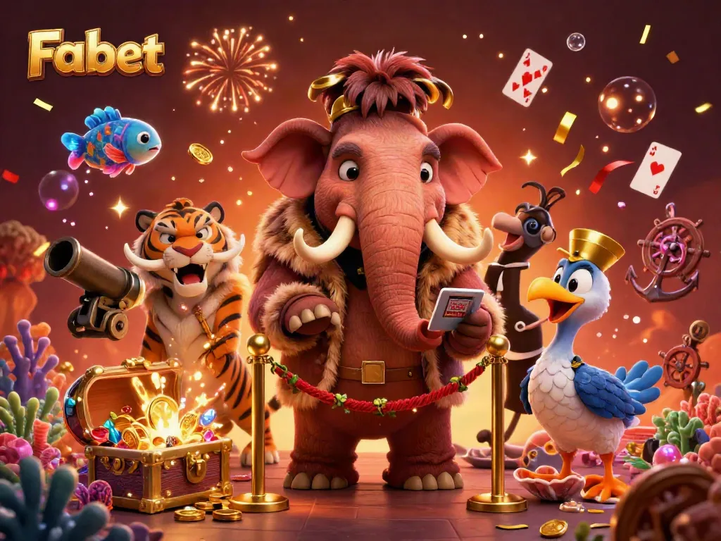 Witness Fabet's vibrant casino scene with a bouncer, VIP, and doorman surrounded by treasure and confetti.