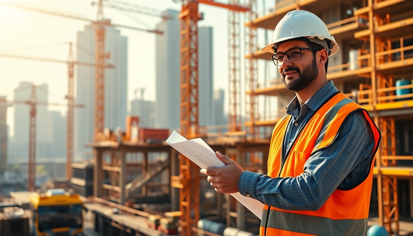 Manhattan Construction Manager evaluating blueprints on a construction site.