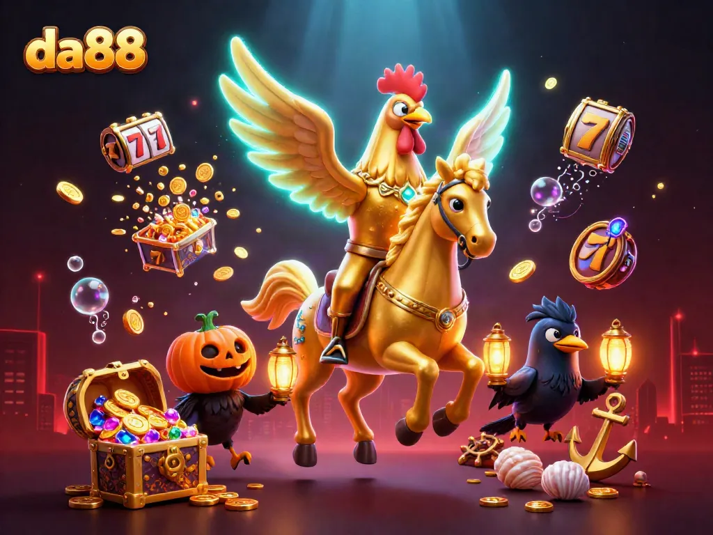 Experience da88's immersive casino adventure featuring a golden rooster and other vibrant characters in action.