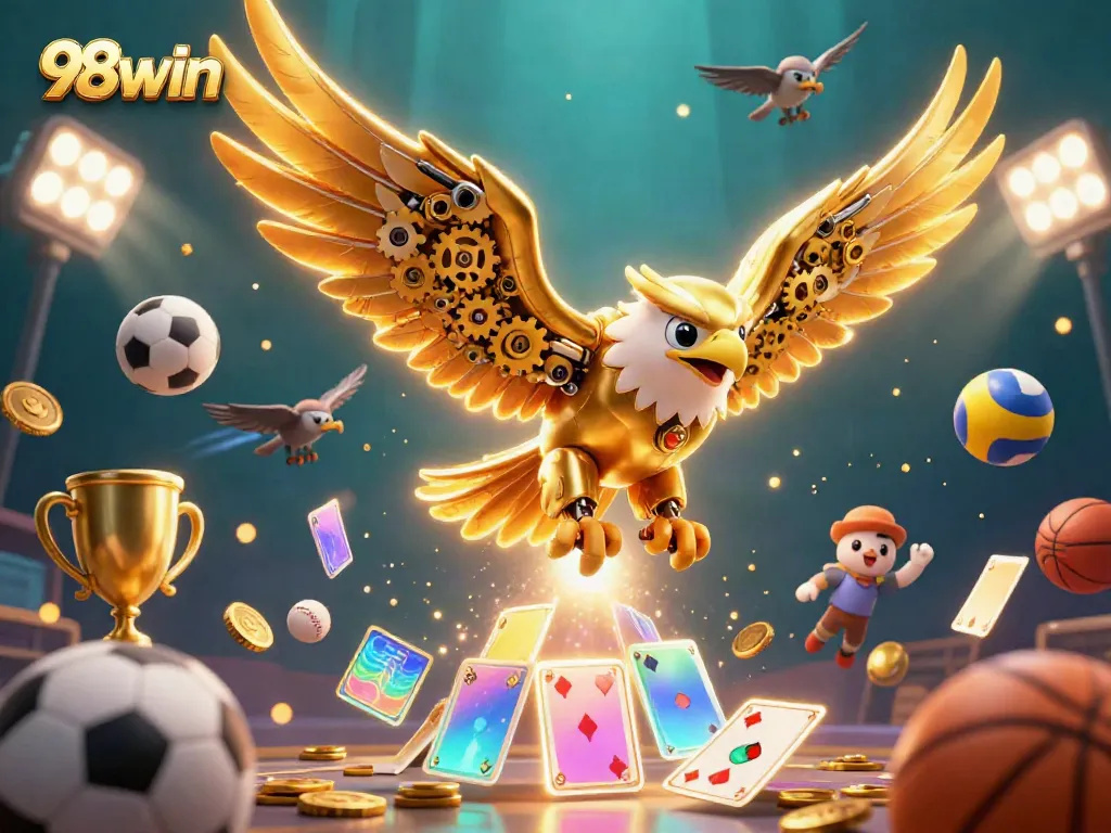 Experience thrilling gaming action with 98win as a golden eagle soars through dynamic cards and sports equipment.