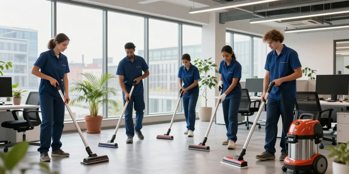 Professionelle Gebäudereinigung Düsseldorf mit einem engagierten Team, das moderne Reinigungsgeräte in einem hellen, einladenden Büro verwendet.