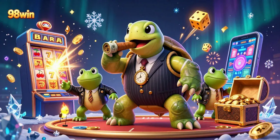 Experience 98win's casino excitement with a snapping turtle mobster surrounded by jackpot winnings and dynamic gaming elements.