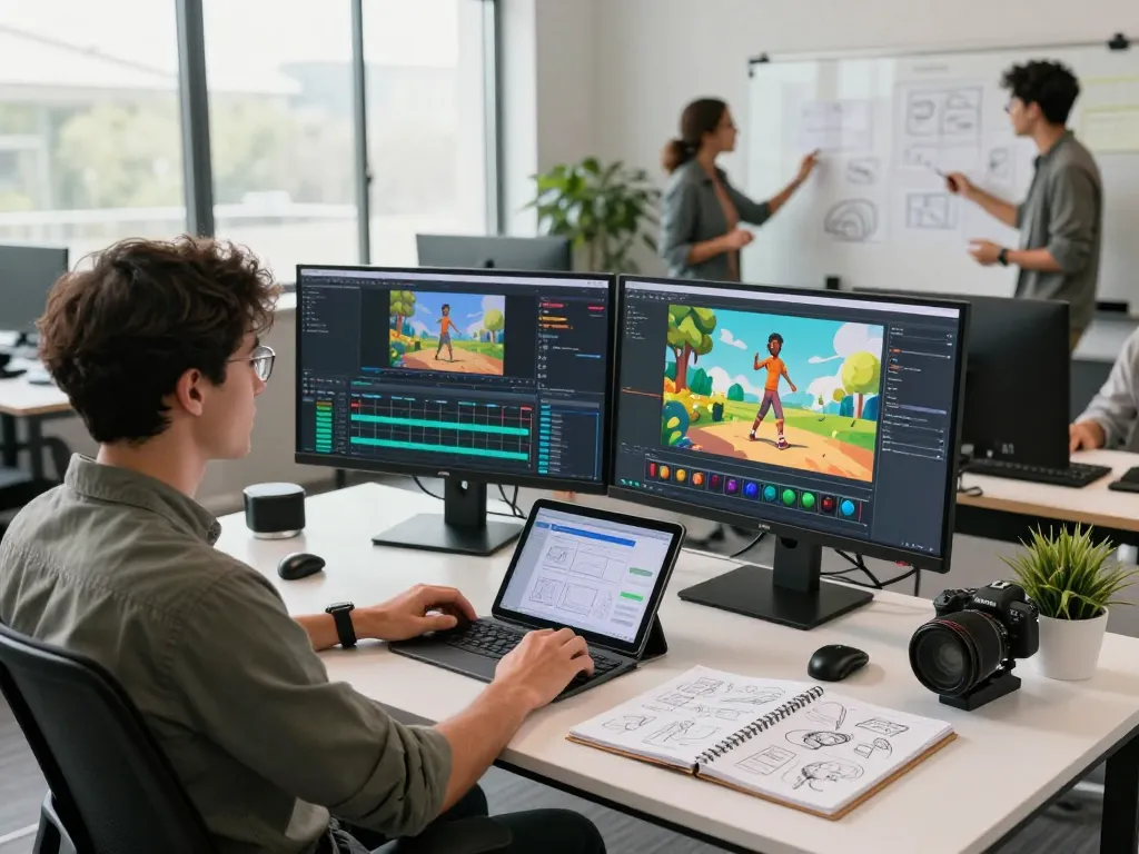 Developer showcasing motion control technology for seamless animation creation with dual monitors in a bright workspace.