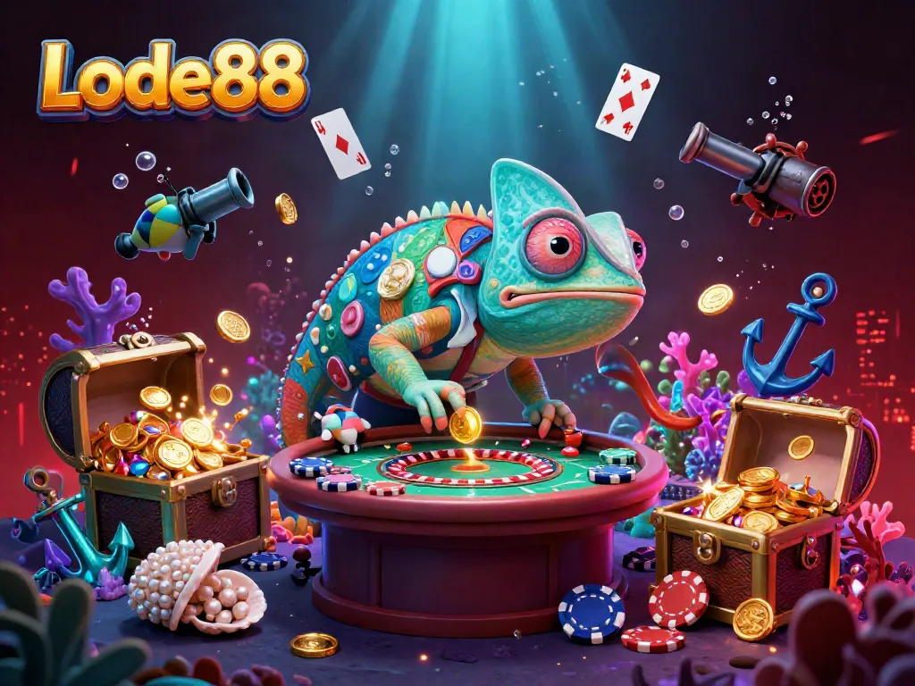 Lode88's dynamic 3D illustration of a chameleon casino owner amidst colorful gaming elements.