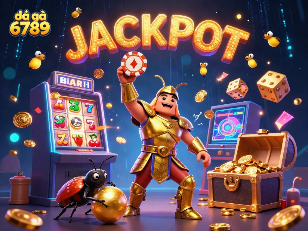 Engage in the excitement of đá gà 6789, showcasing a heroic beetle in armor amidst a jackpot explosion of casino elements.