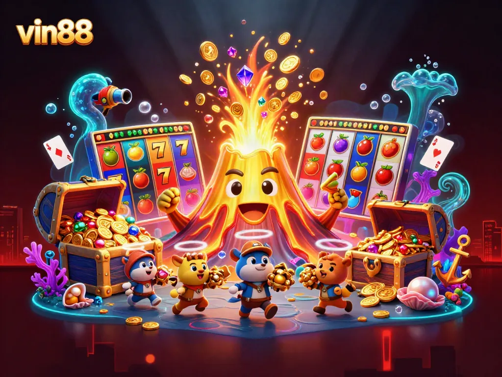 Experience thrilling wins at vin88 with colorful slot machines and treasure-filled adventures in this vibrant casino scene.