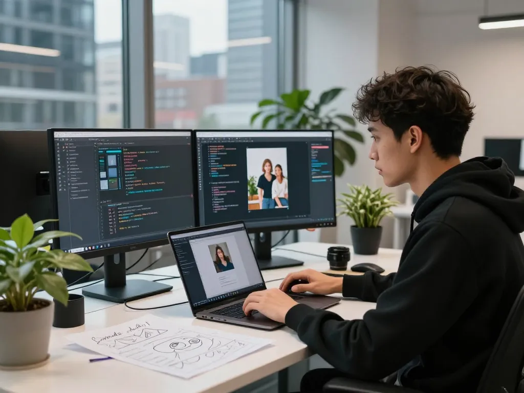 AI developer creating a cutting-edge image to prompt ai tool in a modern workspace