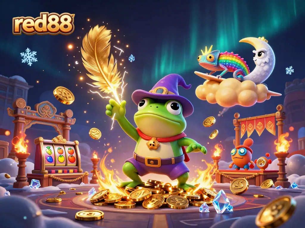 Experience the vibrant world of red88, where luck spins through dynamic casino elements and whimsical characters.