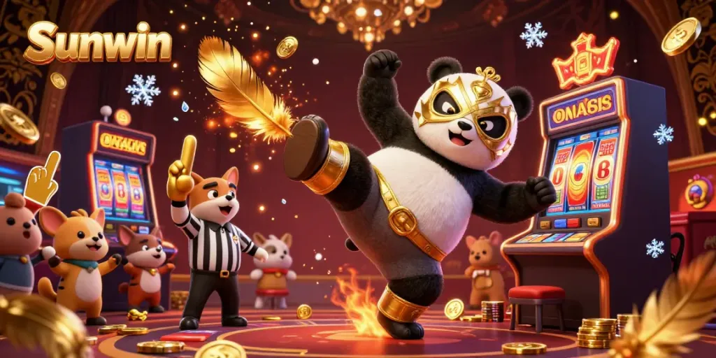 Experience the excitement of Sunwin with a panda wrestler jumping to jackpot wins in a vibrant casino.
