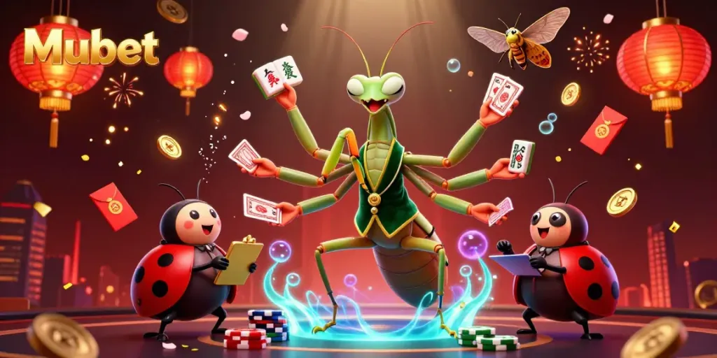 Mubet's engaging cartoons depict a vibrant casino scene with dynamic characters and gambling elements.