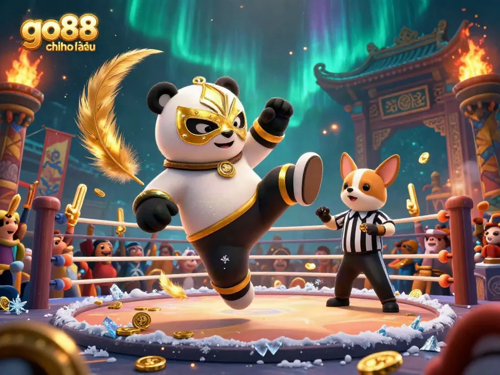 Experience the excitement of go88 chính thức with a panda wrestler kicking in a colorful casino scene full of gold coins and cheering animals.