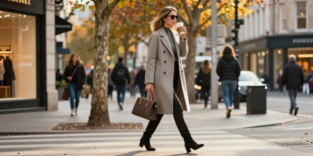 Elegante Frau in urbanem Outfit auf https://www.lady-lifestyle.de/ mit Designerhandtasche und Kaffee durch die Stadt.