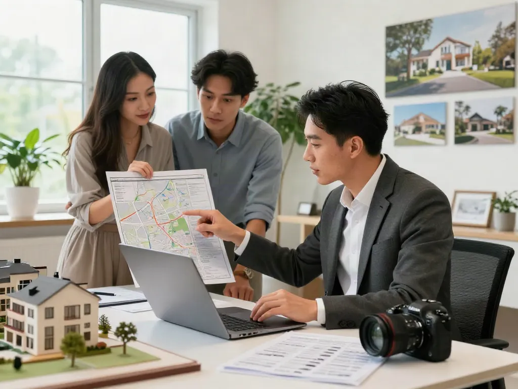 Bester Immobilienmakler Frankfurt diskutiert mit Paar über Immobilienoptionen in elegantem Büro