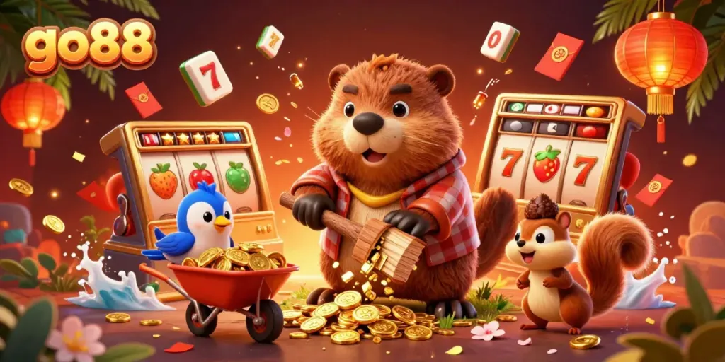 Engage in exciting go88 gameplay with our vibrant illustration showcasing gold coins and classic slot symbols.