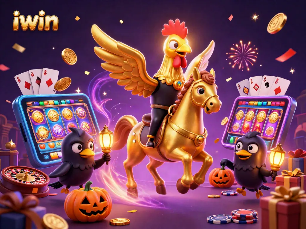 Spin the reels with iwin’s dazzling casino illustration featuring a golden rooster amidst vibrant games.