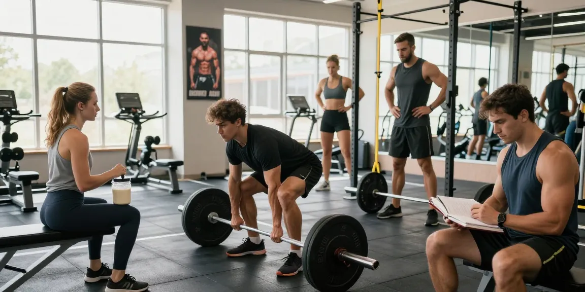 Aktive Bodybuilder im Utinon Steroids Shop Fitnessstudio beim Training und Mixen von Proteinshakes, motivierende Atmosphäre.